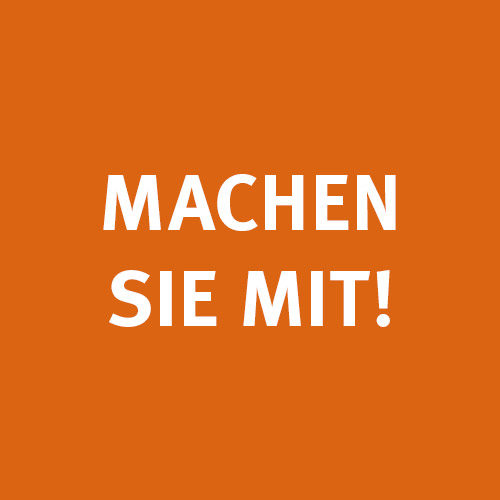 Runder, orangefarbener Button mit der weißen Aufschrift: 'Machen Sie mit!'.